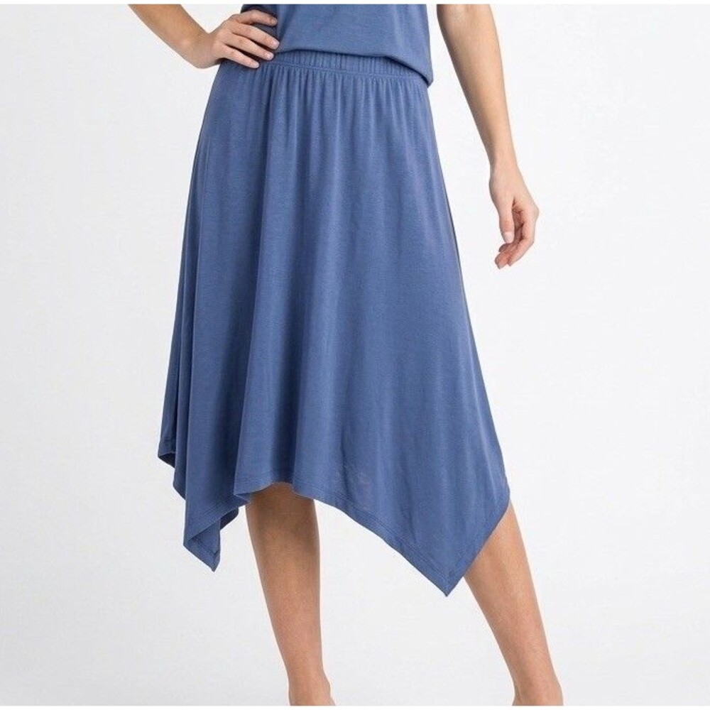 H by Halston Blue Asymmetrical Hem Midi Skirt Size M Stretch Rayon Women’s
